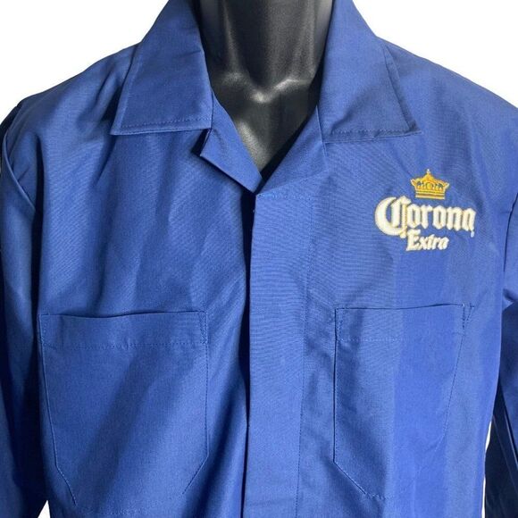 Corona Extra Button Up Work Shirt L Blue Embroidered Long Sleeve Pockets Collar - Picture 1 of 7